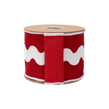 Premium 4" wired ribbon, sturdy red canvas fabric decorated with soft white ric rac accent trim