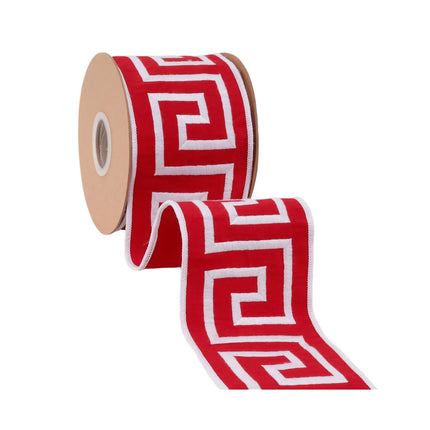 4" embroidered geometric Greek key wired ribbon with red base and white stitching