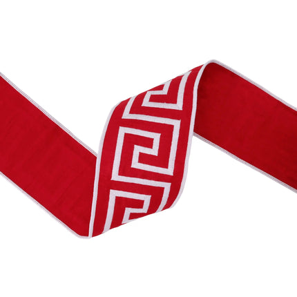 Traditional red white Greek key wired ribbon suited for modern farmhouse handmade ornaments.