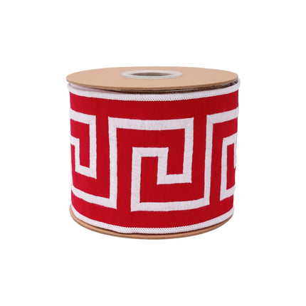 old red-and-white Greek key wired fabric ribbon, 4-inch width for oversized holiday gift bows
