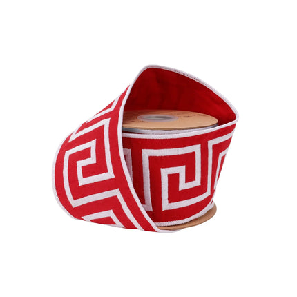 4" wired red ribbon with embroidered white Greek key pattern, ideal for festive Christmas wreath