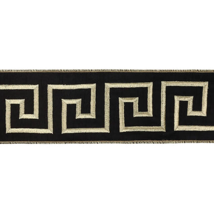 4-inch wide wired satin ribbon with bold gold Greek key embroidery for premium gift wrapping