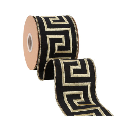 4" embroidered Greek key wired ribbon with black base and metallic gold stitching