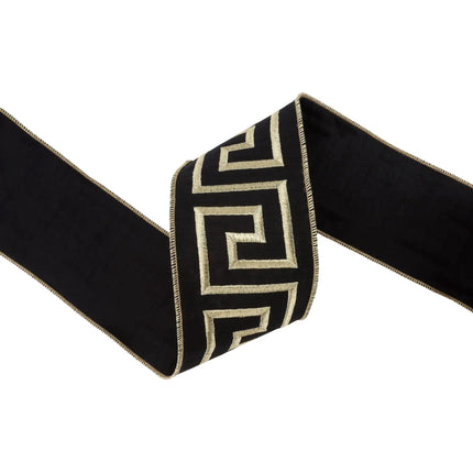 Glam geometric Greek key wired ribbon in black gold tones, suited for Christmas tree decor