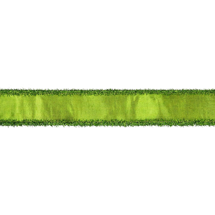 Festive craft wired ribbon, shiny lime green metallic dupioni material finished with glitter tinsel trim