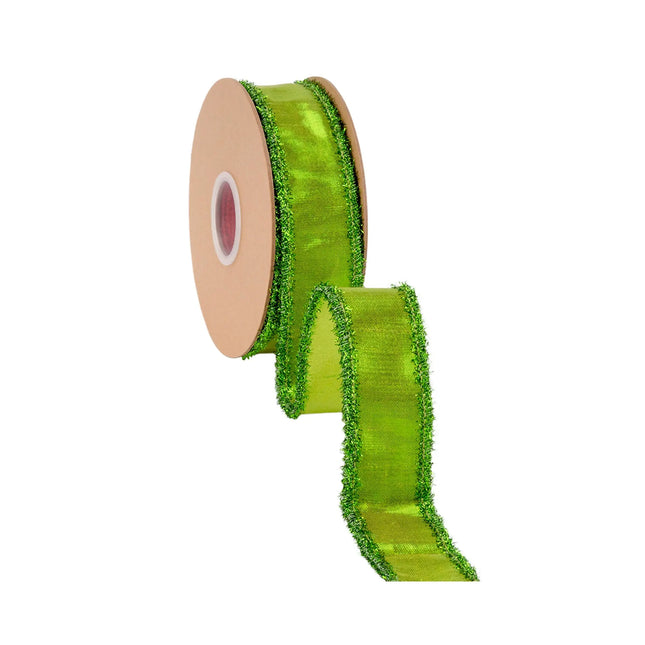 Bright lime green dupioni wired ribbon, with shimmering tinsel fringe trim for DIY crafts