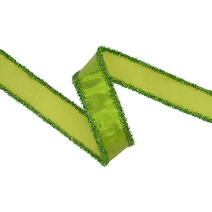 1 1/2"decorative wired dupioni ribbon, metallic lime green base with sparkly tinsel edge accents