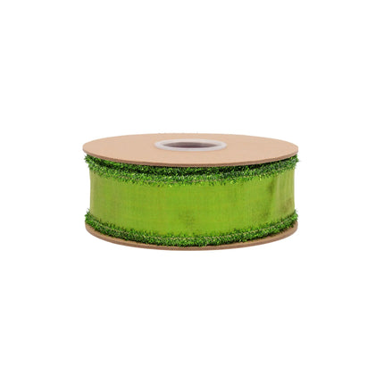 Eye‑catching seasonal wired ribbon featuring luminous lime green metallic finish and fuzzy tinsel border