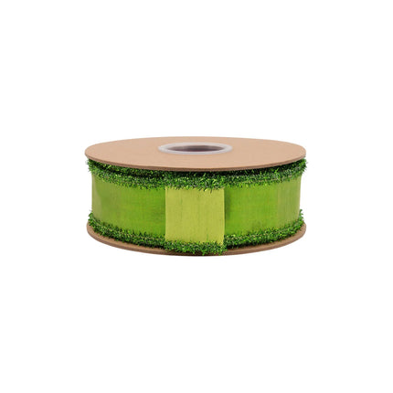 Premium 1 1/2" wired ribbon, smooth metallic lime green dupioni with textured glitter tinsel edging