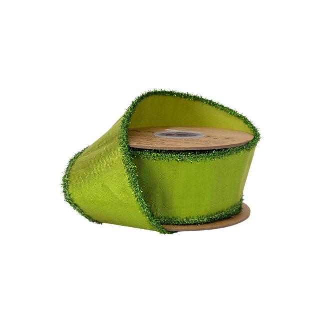 2 1/2" wired dupioni ribbon, shiny metallic lime green fabric with sparkly tinsel edge trim for holiday decor
