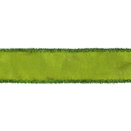 Glam craft wired ribbon, luminous lime green metallic dupioni material finished with sparkly tinsel edging