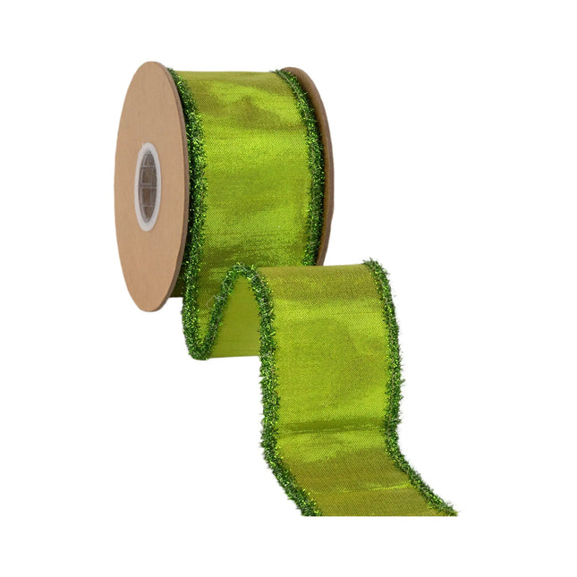 Bright lime green dupioni wired ribbon,featuring glittering tinsel fringe borders for DIY craft accents