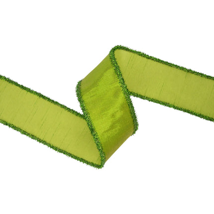 2 1/2" decorative wired ribbon, metallic lime green base with fuzzy tinsel edge for Christmas and party styling