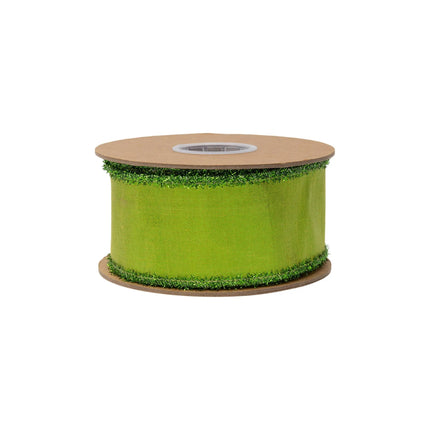 Eye‑catching seasonal wired dupioni ribbon with vibrant lime green metallic finish and shimmering tinsel trim