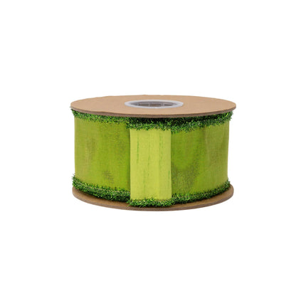 Premium 2 1/2" wired ribbon, smooth metallic lime green dupioni paired with textured tinsel edge detailing