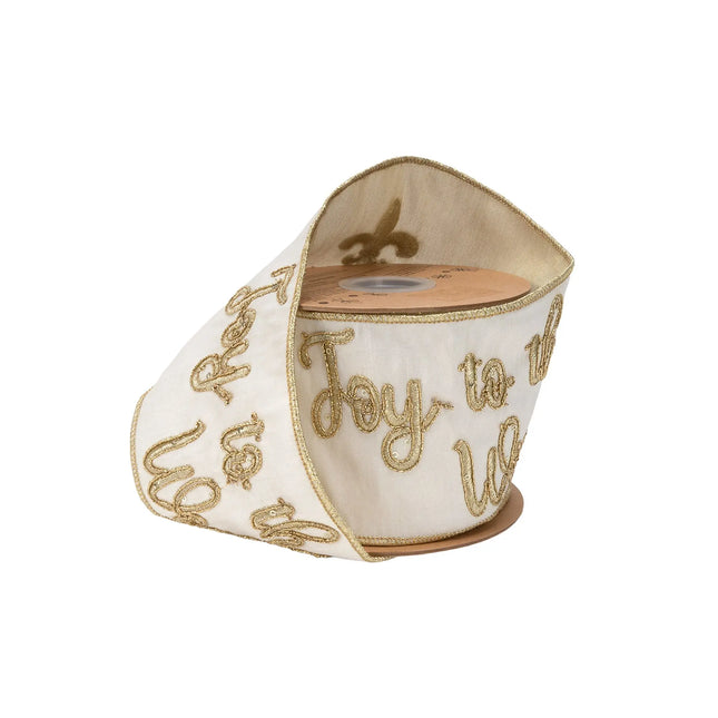 4" wired dupioni ribbon with gold embroidered "Joy to the World" on ivory, ideal for holiday wreaths.