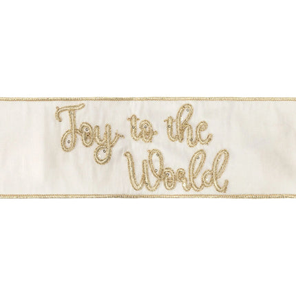 Ivory wired ribbon with shimmering gold "Joy to the World" embroidery, ideal for elegant holiday accents.
