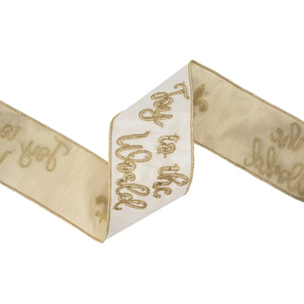 4-inch dupioni ribbon with gold embroidered "Joy to the World" on ivory, perfect for seasonal projects.