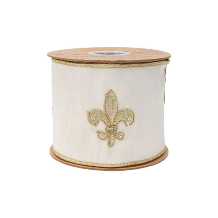 Ivory dupioni ribbon with gold embroidered "Joy to the World", 4-inch wired with gold backing