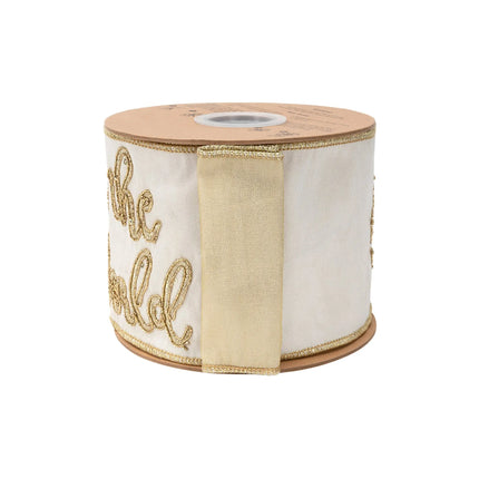 4" wired ribbon featuring gold embroidered "Joy to the World" on ivory, great for gift bows and tree trimming.