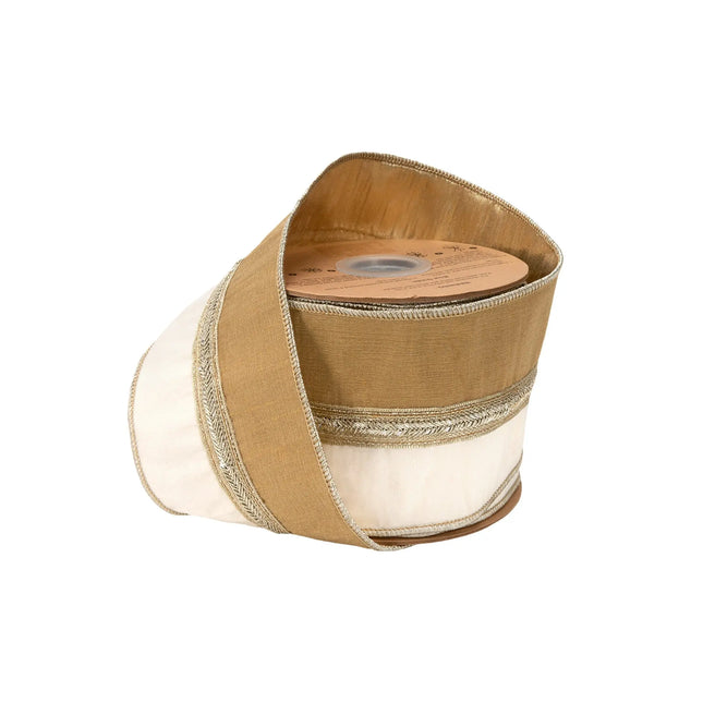 4" wired dupioni ribbon, goldâ€‘ivory twoâ€‘tone design with metallic gold trim and matching gold backing