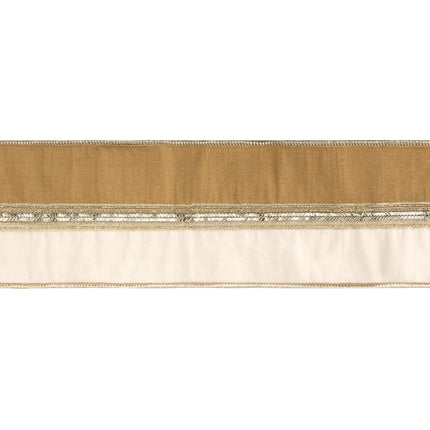wired ribbon, blended gold‑ivory dupioni material finished with metallic gold trim and durable gold backing