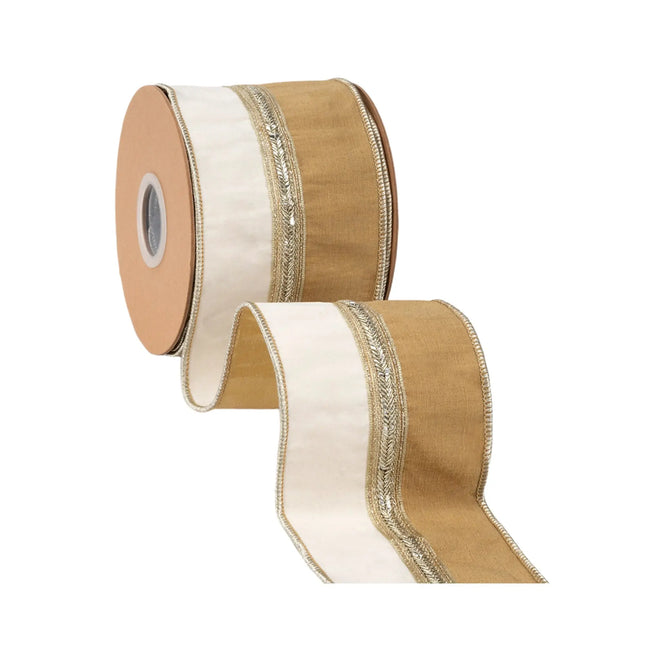 Wide twoâ€‘tone dupioni wired ribbon, featuring goldâ€‘ivory panels, braided metallic trim and gold reverse side