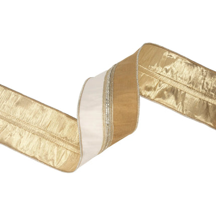 4" decorative wired ribbon, two‑tone gold and ivory base with ornate metallic gold trim for upscale holiday styling