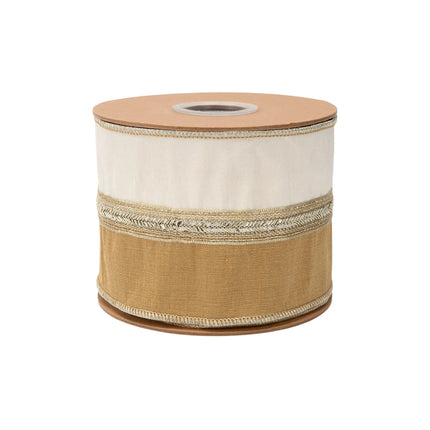 Sophisticated seasonal wired dupioni ribbon with dual gold‑ivory tones, shiny metallic trim and polished gold backing