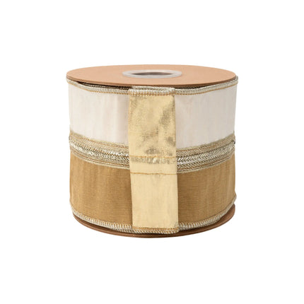 4" wired ribbon, elegant gold‑ivory dupioni fabric accented with metallic gold detailing and solid gold backing