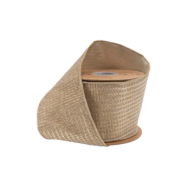 4" wired ribbon, shimmering gold sparkle woven fabric with luxe champagne metallic backing