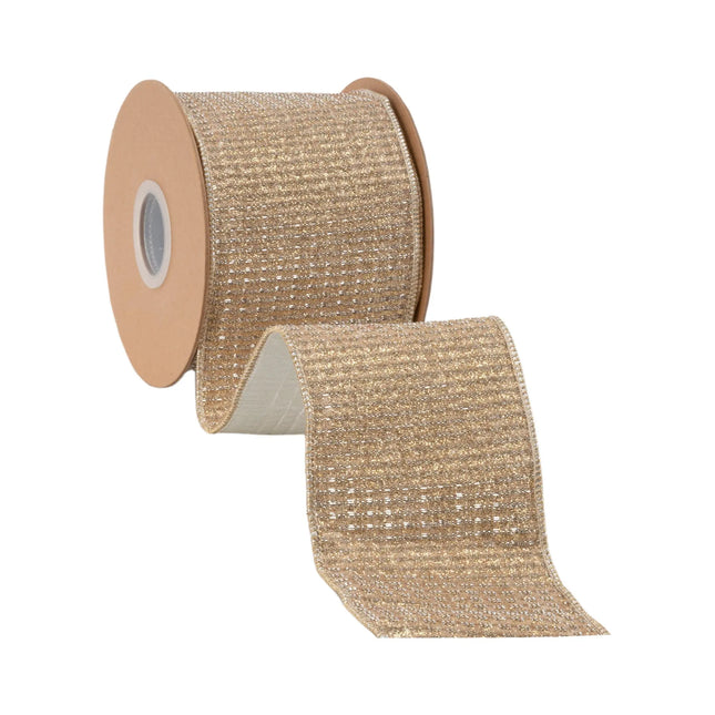 Wide glitter gold wired ribbon, featuring fine sparkly texture and smooth champagne metallic reverse side
