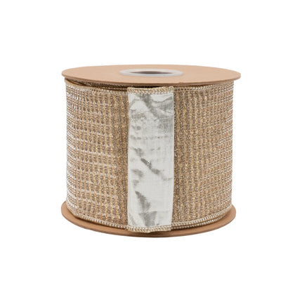 4" wired ribbon, textured gold sparkle weave paired with reflective champagne metallic backing for DIY crafts