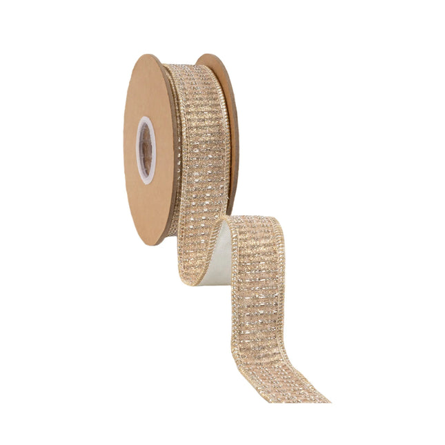 Fine glitter gold wired ribbon, with subtle sparkly texture and smooth champagne metallic reverse side