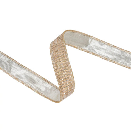 1"  decorative wired ribbon, refined gold sparkly weave with polished champagne metallic backing for luxury styling