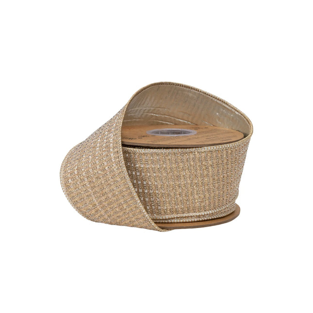 2 1/2" wired ribbon, shimmering gold sparkle woven fabric with luxe champagne metallic backing