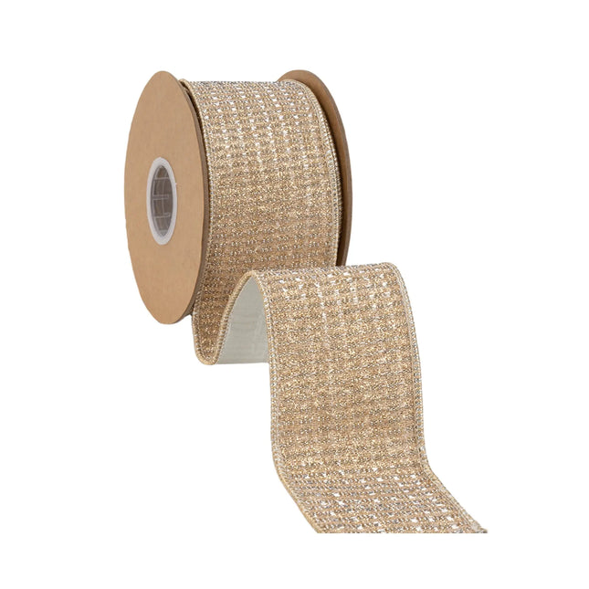 Fine glitter gold wired ribbon, with delicate sparkly texture and smooth champagne metallic reverse side