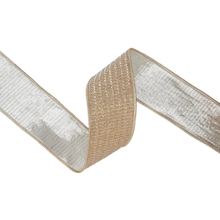 2 1/2" decorative wired ribbon, subtle gold sparkly weave with polished champagne metallic backing for luxury styling