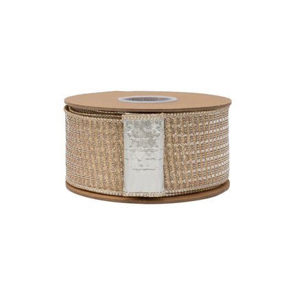 2 1/2" wired ribbon, textured gold sparkle weave paired with reflective champagne metallic backing for DIY crafts