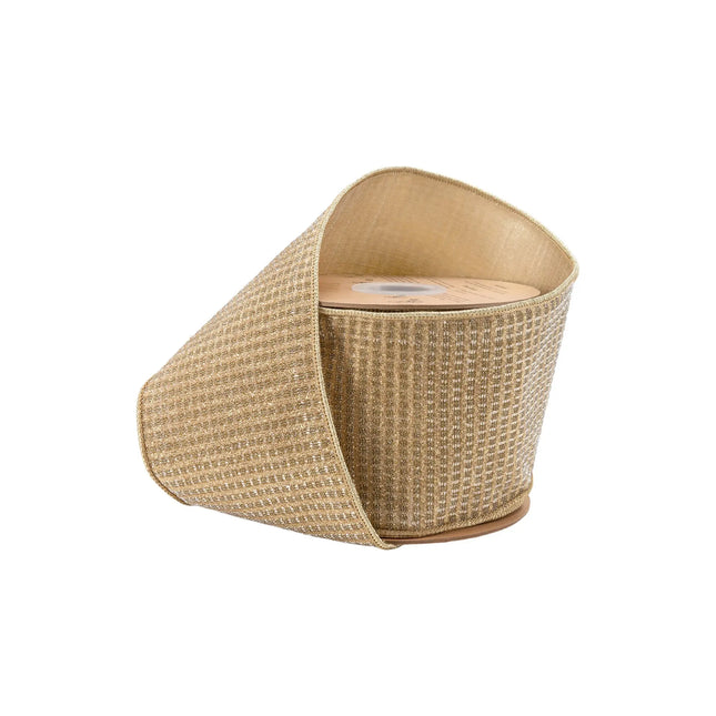 4" wired ribbon with shimmering gold sparkle grid and matching metallic backing, ideal for luxury decor.
