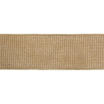 4" gold sparkle wired ribbon with metallic grid texture and matching gold backing for festive accents.