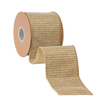 Luminous gold sparkle wired ribbon with bold grid design and coordinating gold metallic backing.