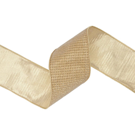High-end 4" craft ribbon, gold sparkle weave finished with polished gold metallic backing.