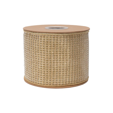 Wide gold sparkle wired ribbon, featuring glittery texture and reflective gold metallic reverse for crafts.