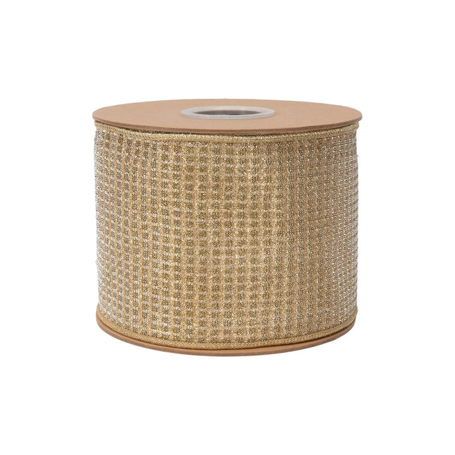Wide gold sparkle wired ribbon, featuring glittery texture and reflective gold metallic reverse for crafts.
