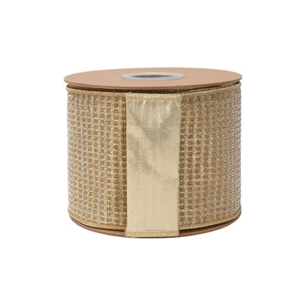 Premium 4" wired ribbon with textured gold sparkle fabric and smooth gold metallic backing.
