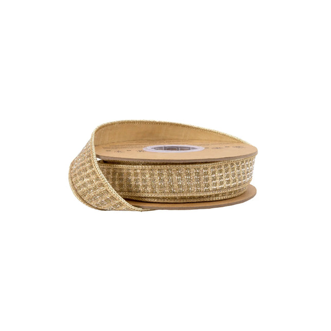 1" wired ribbon, shimmering gold sparkle weave with matching gold metallic backing for holiday decor