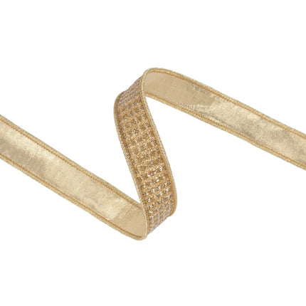 wired ribbon with luminous gold sparkle finish and coordinating gold metallic backing accents