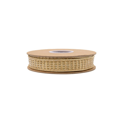 Fine gold sparkle wired ribbon, featuring glittering texture and reflective gold metallic reverse side