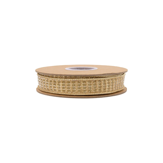 Fine gold sparkle wired ribbon, featuring glittering texture and reflective gold metallic reverse side